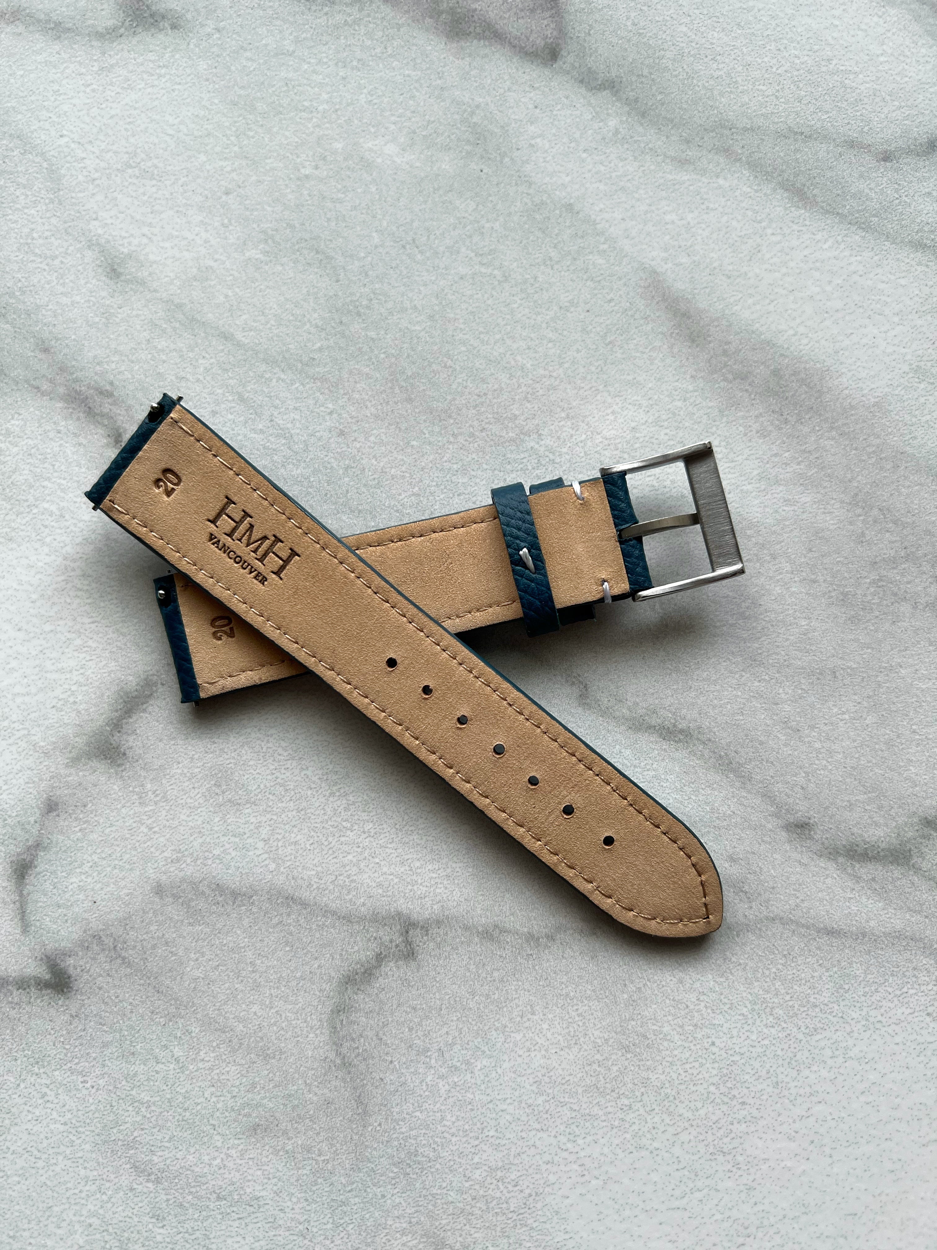 Italian Epsom Leather Strap - Blue with White Stitching - 20mm