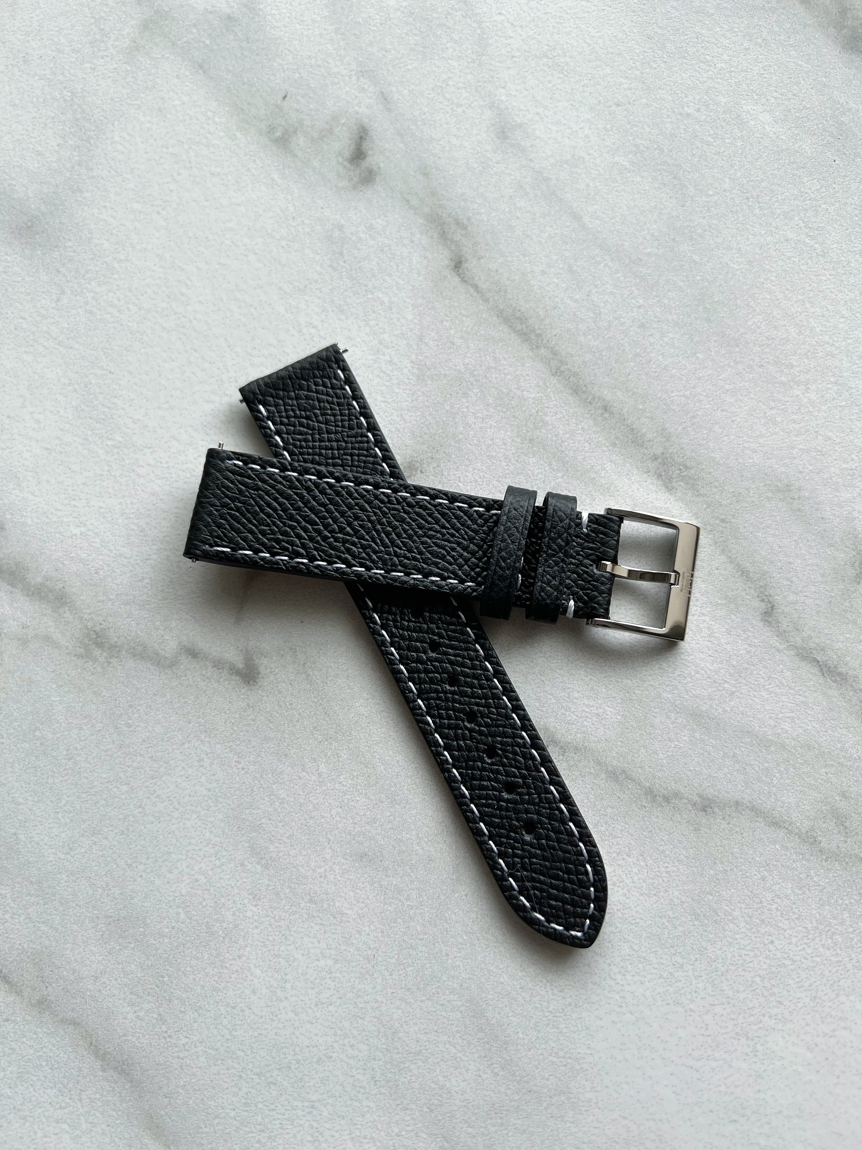 Italian Epsom Leather Strap - Black with White Stitching - 20mm